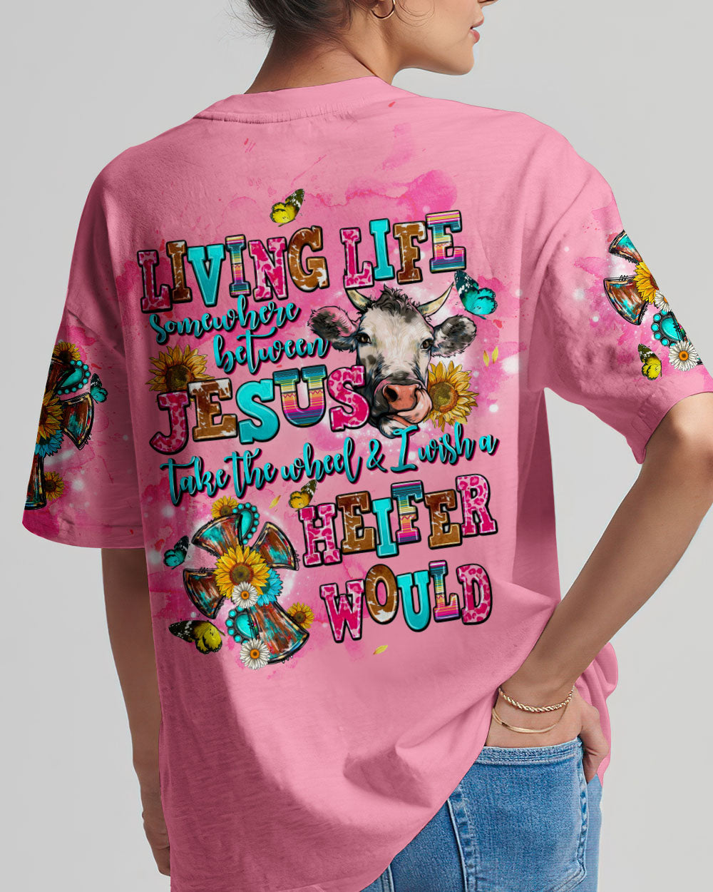 Living Life Somewhere Between Jesus Cow Women's All Over Print Shirt - Tltw3008232