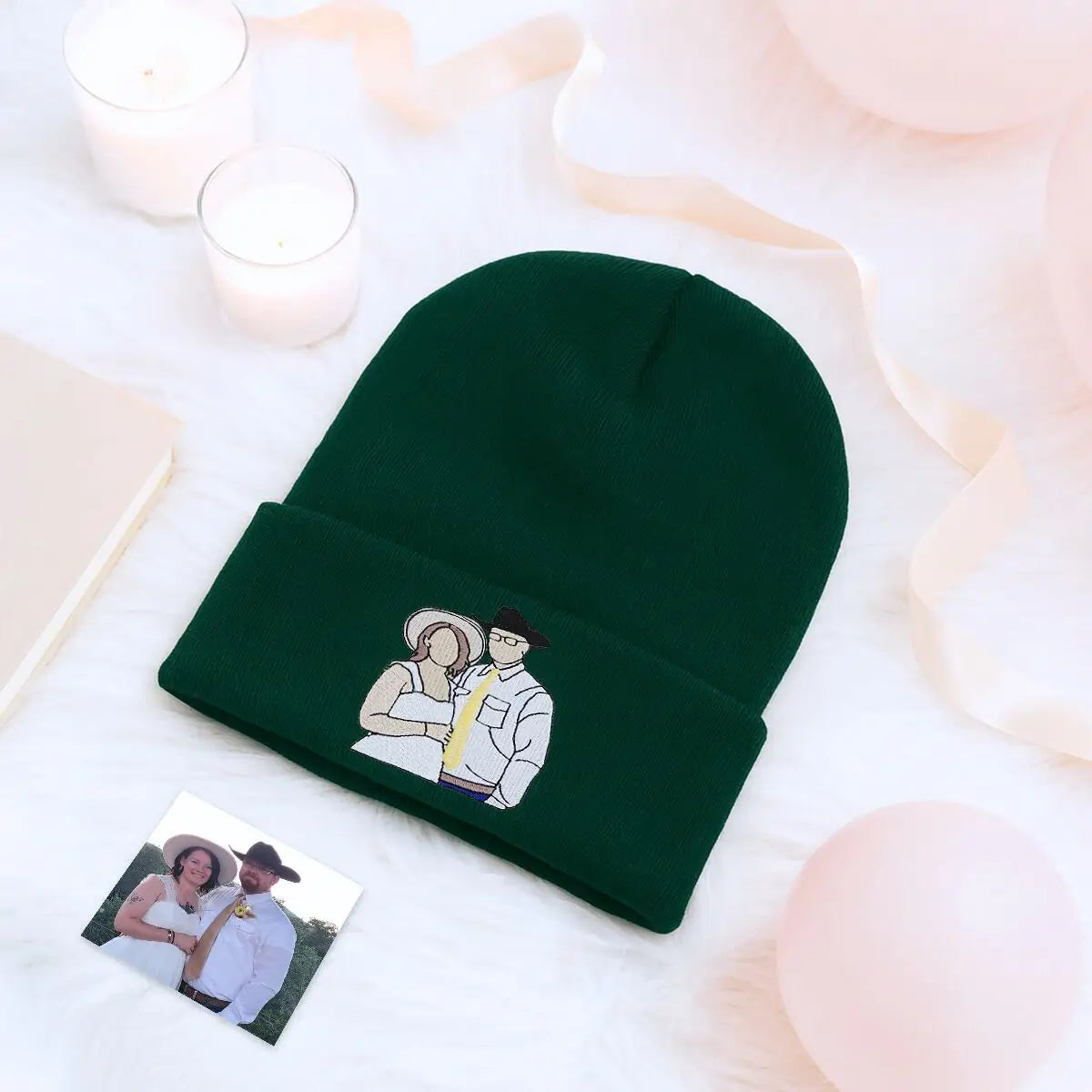 Custom Couple Beanie with Embroidered Portrait from Photo, His and Her Anniversary Gifts