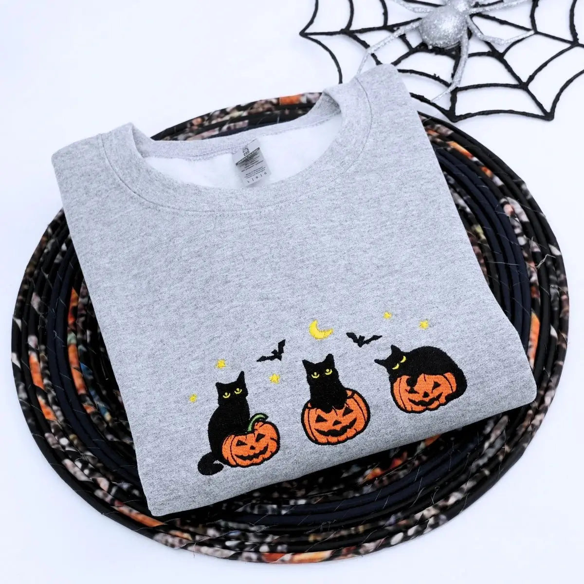 Black Cat Halloween Sweatshirt, Embroidered Halloween Gifts for Her