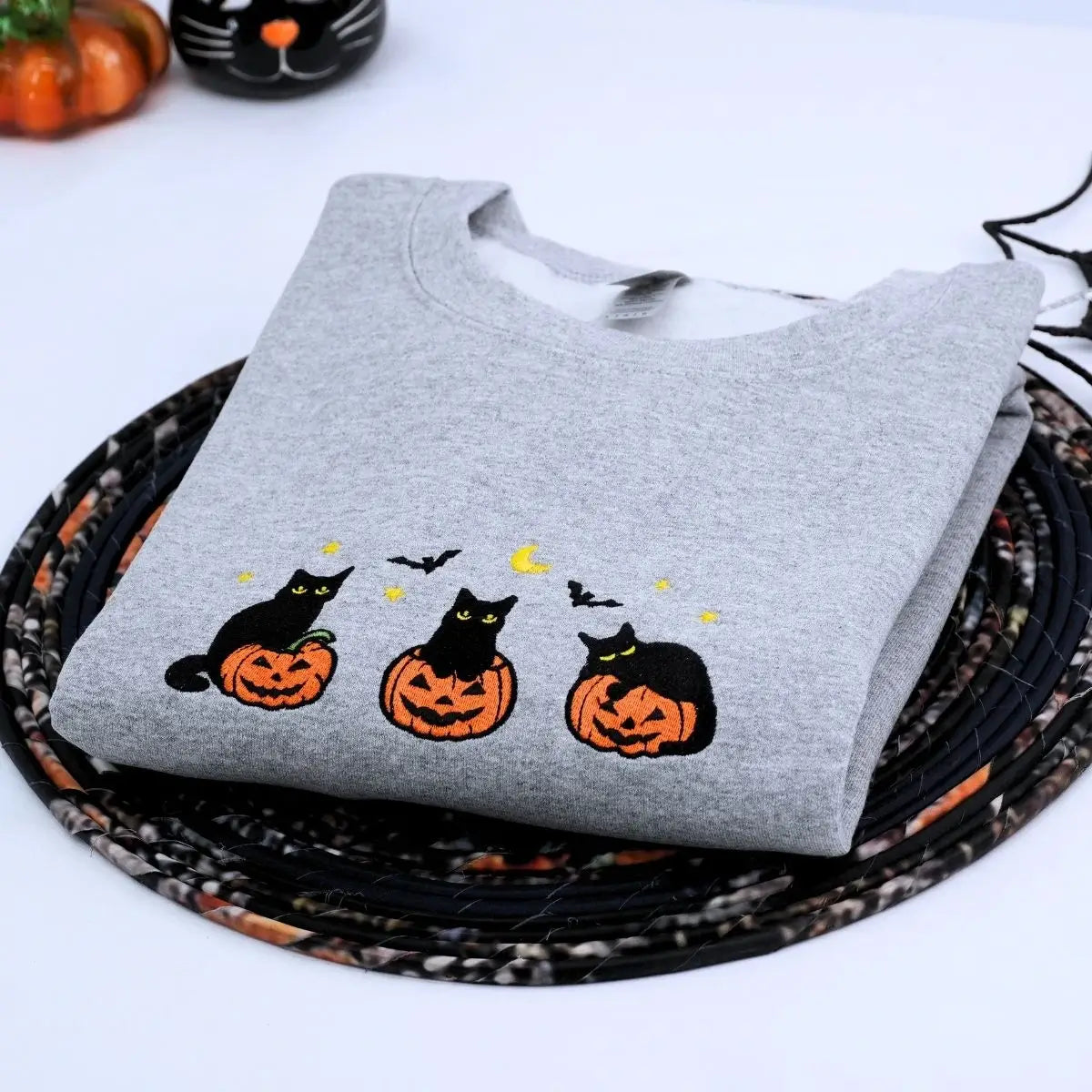 Black Cat Halloween Sweatshirt, Embroidered Halloween Gifts for Her
