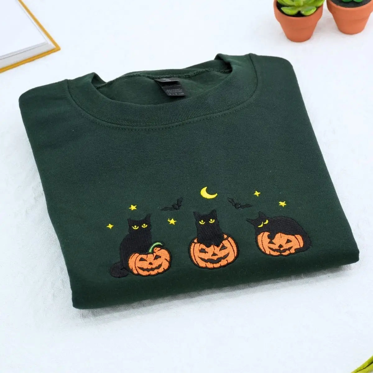Black Cat Halloween Sweatshirt, Embroidered Halloween Gifts for Her