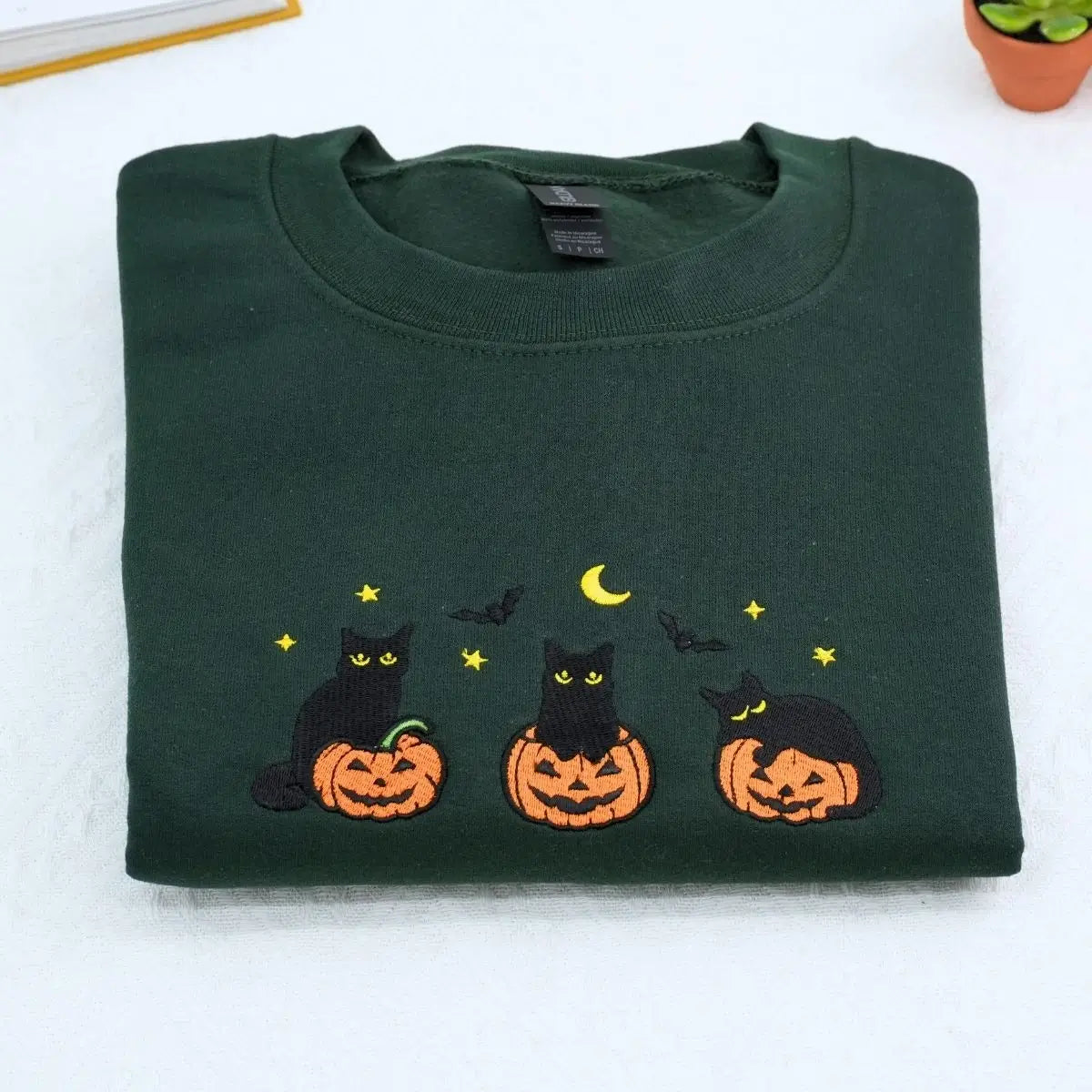 Black Cat Halloween Sweatshirt, Embroidered Halloween Gifts for Her