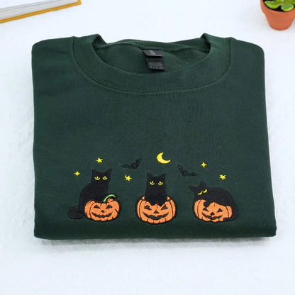Black Cat Halloween Sweatshirt, Embroidered Halloween Gifts for Her