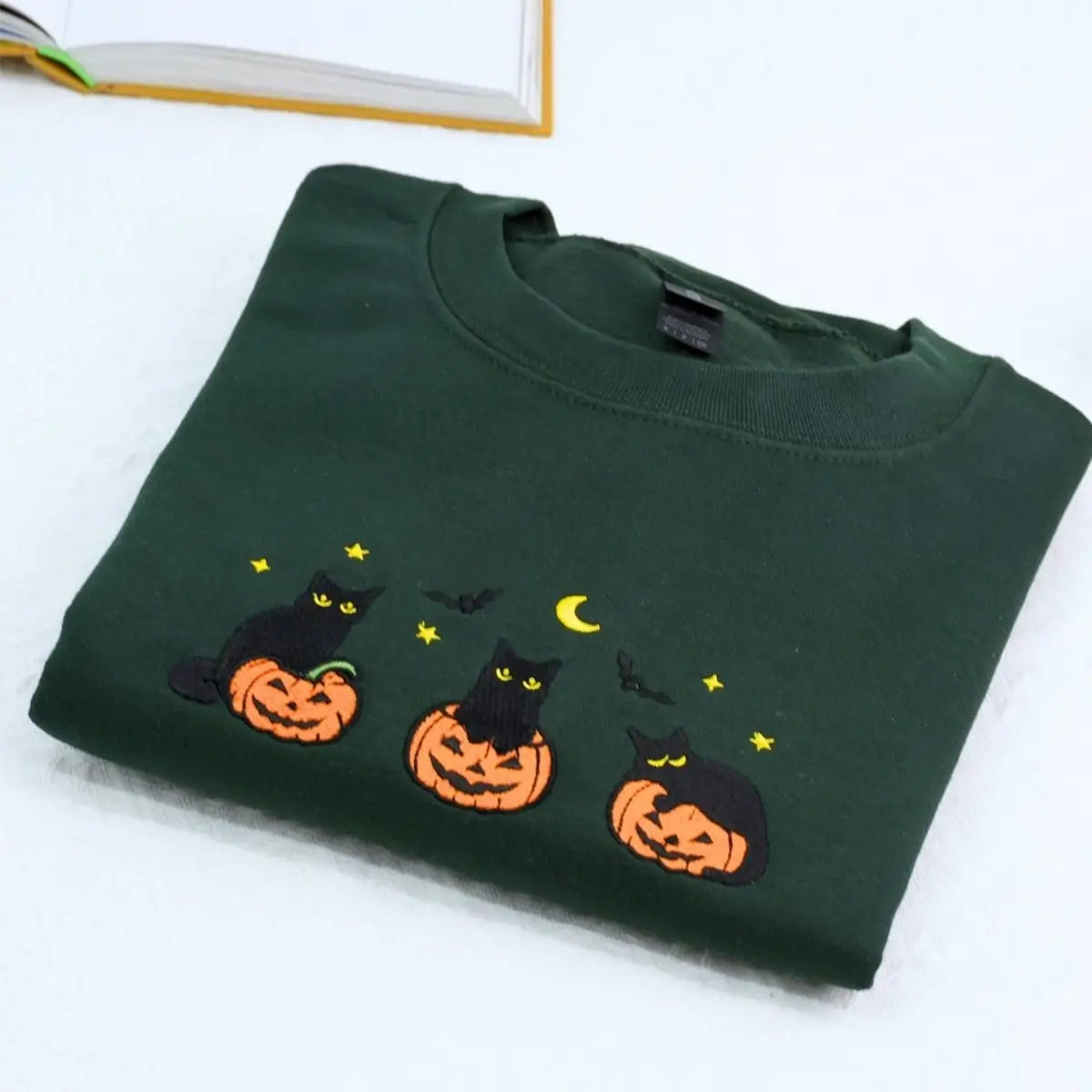 Black Cat Halloween Sweatshirt, Embroidered Halloween Gifts for Her
