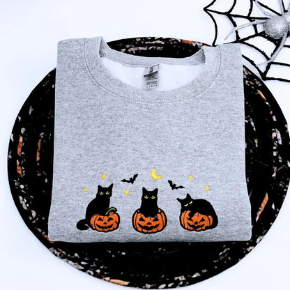 Black Cat Halloween Sweatshirt, Embroidered Halloween Gifts for Her