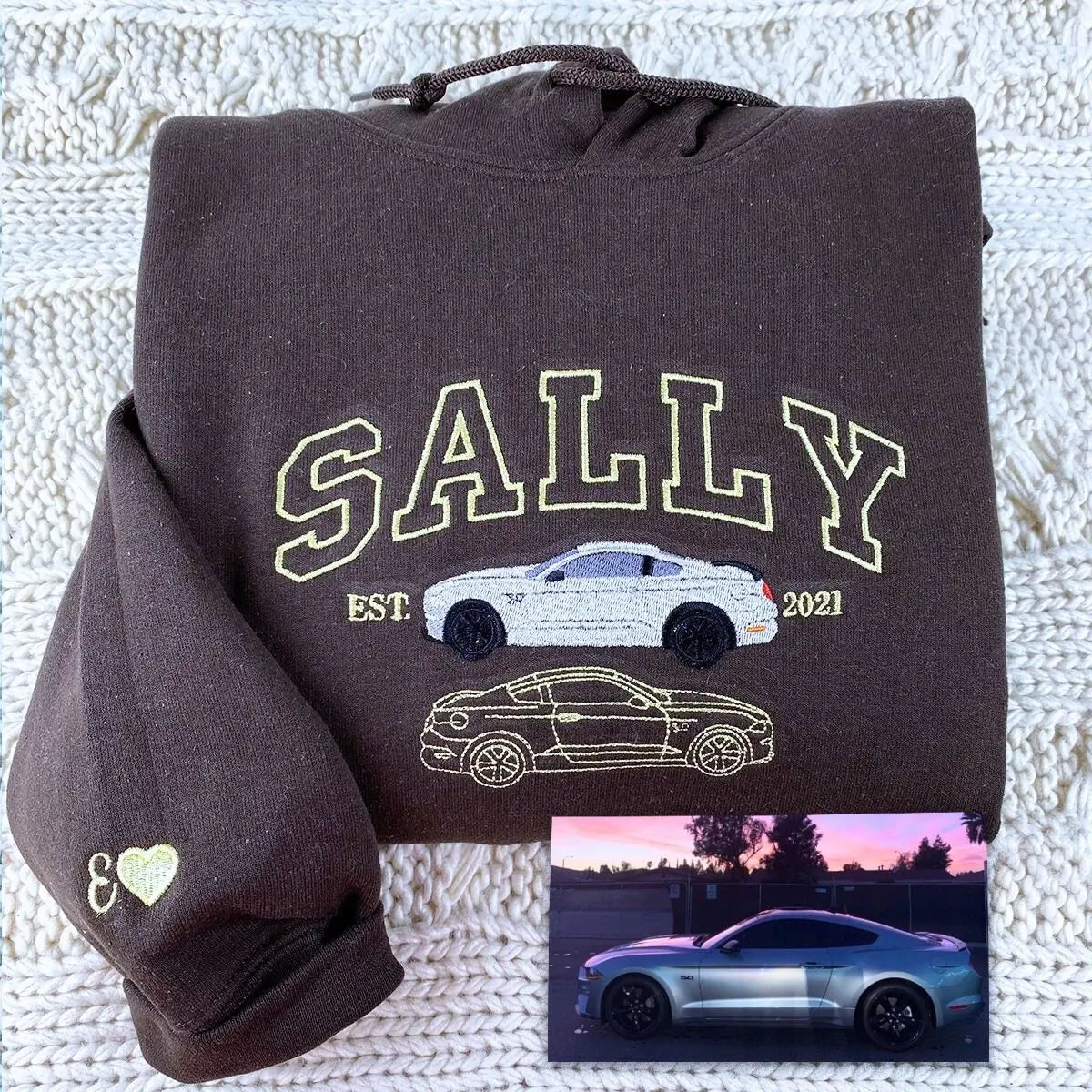 Custom Embroidered Car Portrait from Photo Sweatshirt or Hoodie, Car Name on Chest, Car Lover Gift