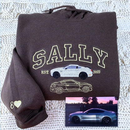 Custom Embroidered Car Portrait from Photo Sweatshirt or Hoodie, Car Name on Chest, Car Lover Gift
