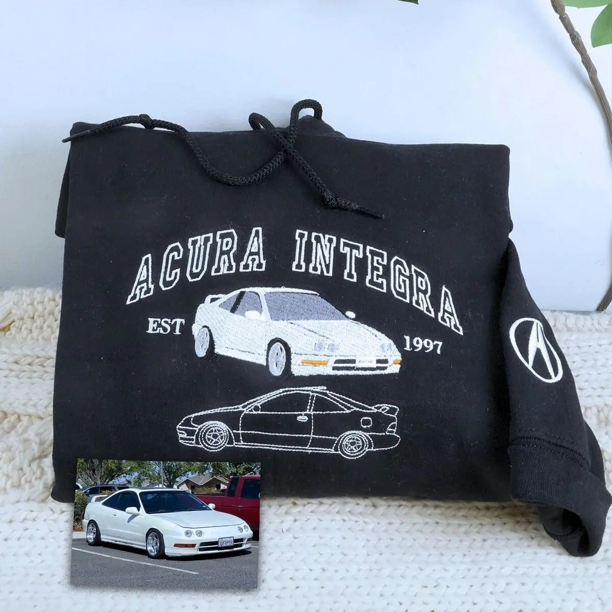 Custom Embroidered Car Portrait from Photo Sweatshirt or Hoodie, Car Name on Chest, Car Lover Gift