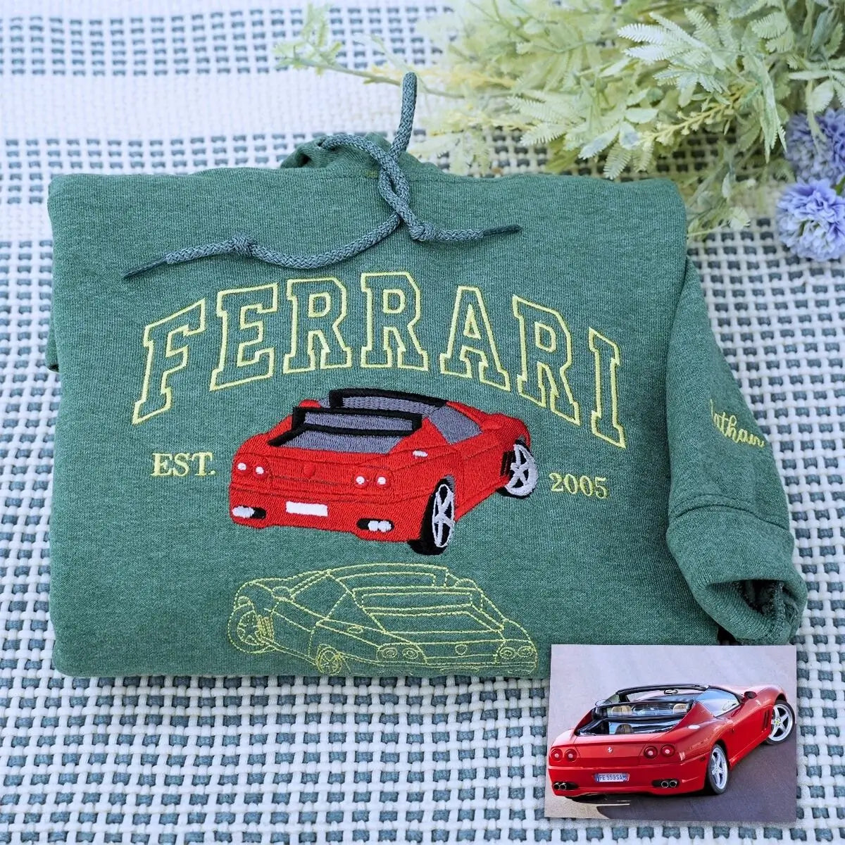 Custom Embroidered Car Portrait from Photo Sweatshirt or Hoodie, Car Name on Chest, Car Lover Gift
