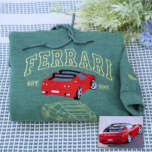 Custom Embroidered Car Portrait from Photo Sweatshirt or Hoodie, Car Name on Chest, Car Lover Gift