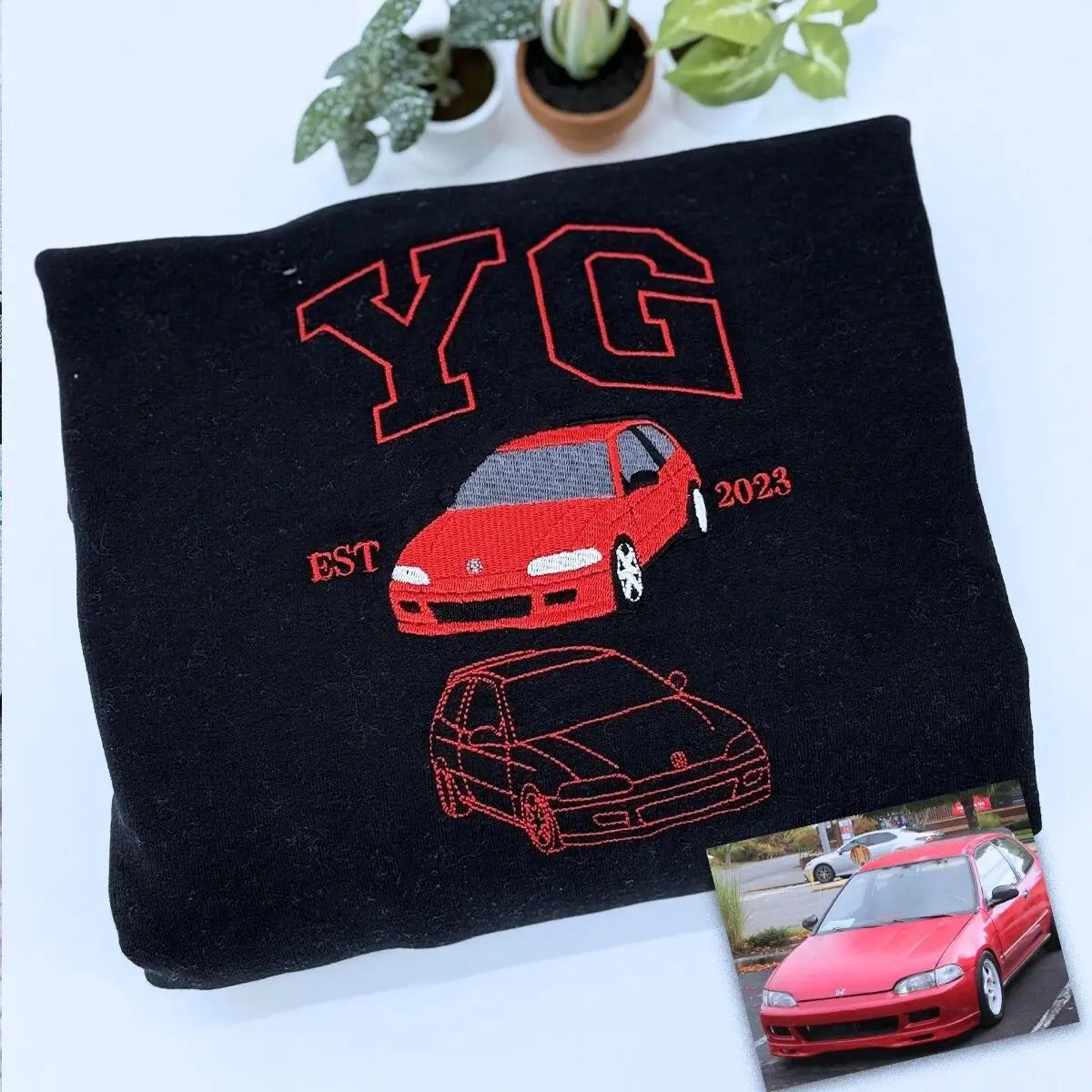Custom Embroidered Car Portrait from Photo Sweatshirt or Hoodie, Car Name on Chest, Car Lover Gift