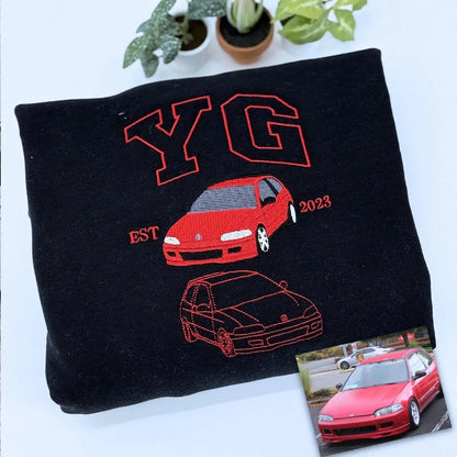 Custom Embroidered Car Portrait from Photo Sweatshirt or Hoodie, Car Name on Chest, Car Lover Gift
