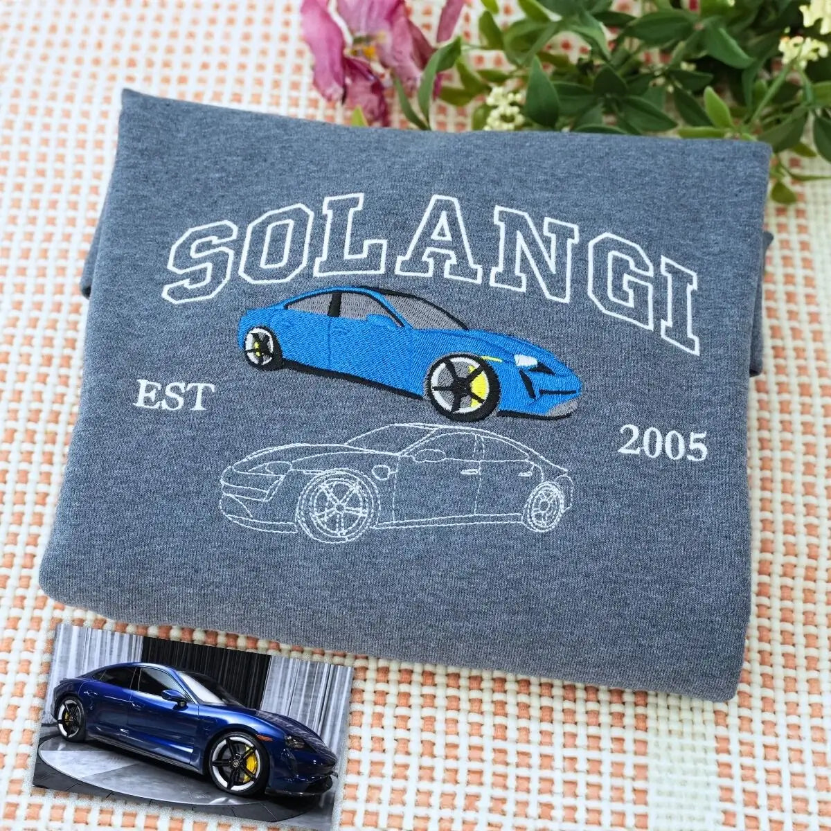 Custom Embroidered Car Portrait from Photo Sweatshirt or Hoodie, Car Name on Chest, Car Lover Gift