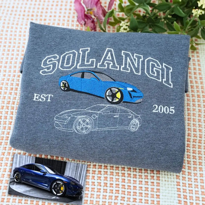 Custom Embroidered Car Portrait from Photo Sweatshirt or Hoodie, Car Name on Chest, Car Lover Gift