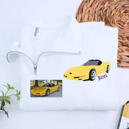 Custom Car Portrait from Photo Quarter Zip Sweatshirt, Embroidered Gift for Car Lovers, Boyfriend, Husband