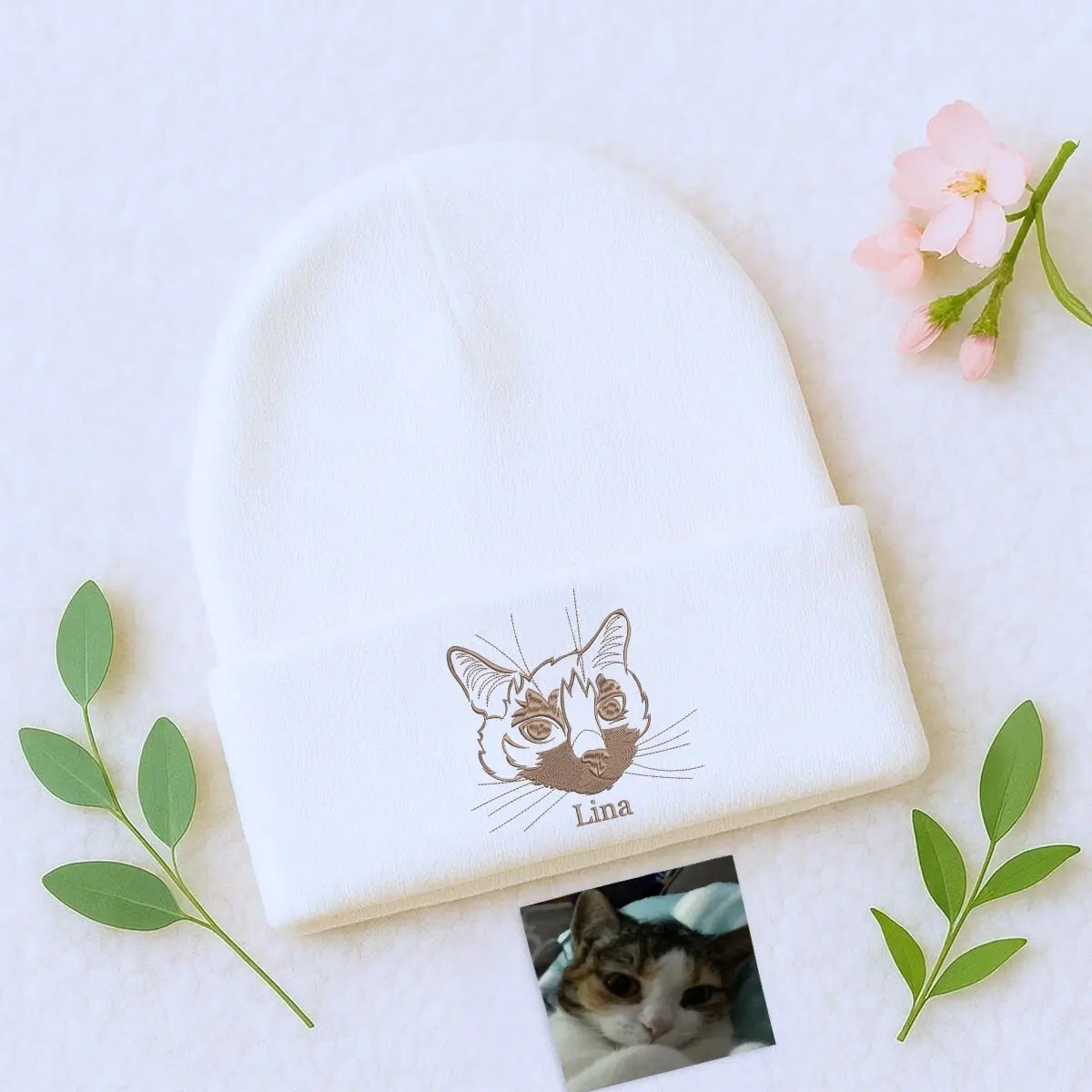 Custom Embroidered Cat Portrait from Photo Beanie Hat, Gift for Cat Lovers, Cat Mom, Cat Dad