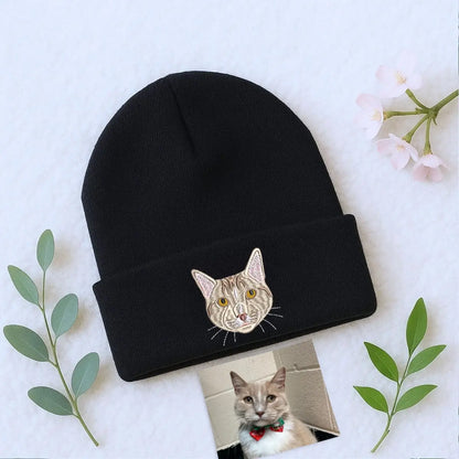 Custom Embroidered Cat Portrait from Photo Beanie Hat, Gift for Cat Lovers, Cat Mom, Cat Dad