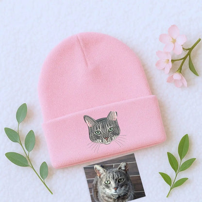 Custom Embroidered Cat Portrait from Photo Beanie Hat, Gift for Cat Lovers, Cat Mom, Cat Dad