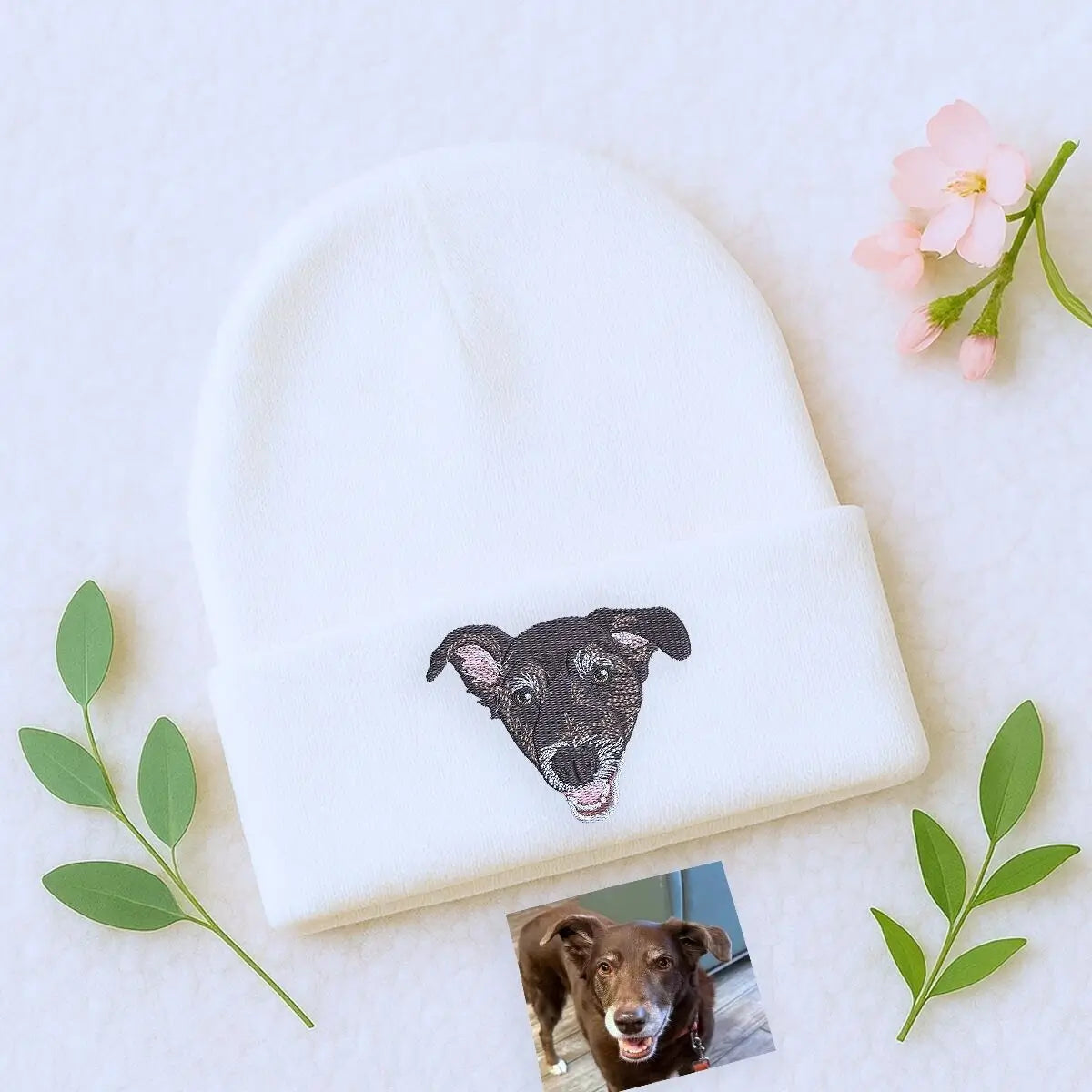 Custom Embroidered Dog Portrait from Photo Beanie Hat, Gift for Dog Lovers, Dog Mom, Dog Dad