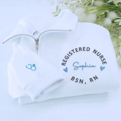 Custom Embroidered Registered Nurse Quarter Zip Sweatshirt with Name on Chest, Gift for Nurse