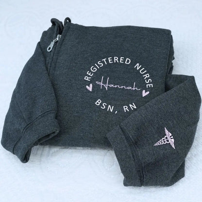 Custom Embroidered Registered Nurse Quarter Zip Sweatshirt with Name on Chest, Gift for Nurse