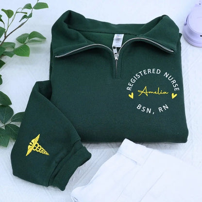 Custom Embroidered Registered Nurse Quarter Zip Sweatshirt with Name on Chest, Gift for Nurse