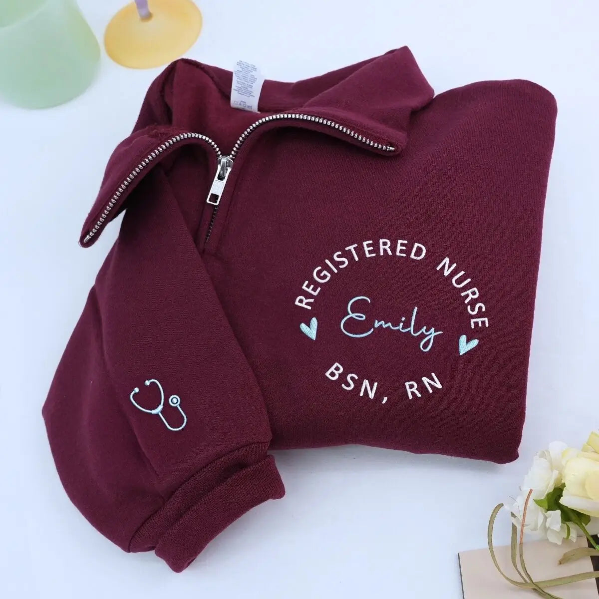 Custom Embroidered Registered Nurse Quarter Zip Sweatshirt with Name on Chest, Gift for Nurse