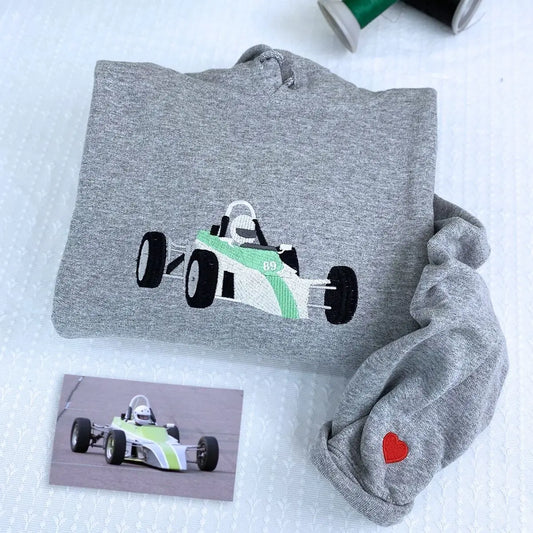 Custom Embroidered Race Car from Photo Sweatshirt or Hoodie, Car Racing Gifts for Him