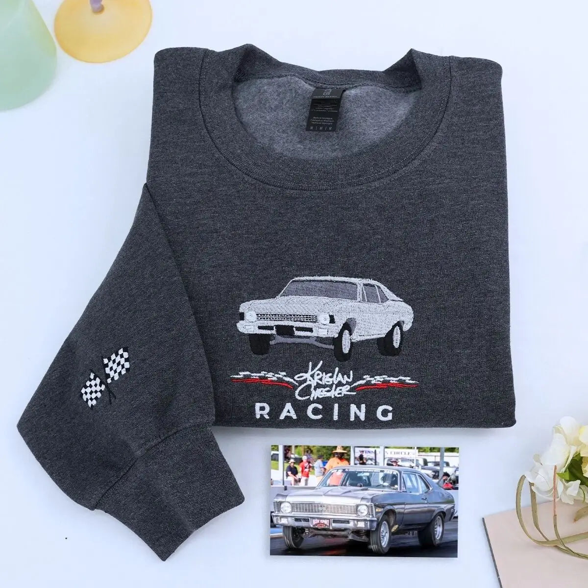 Custom Embroidered Race Car from Photo Sweatshirt or Hoodie, Car Racing Gifts for Him