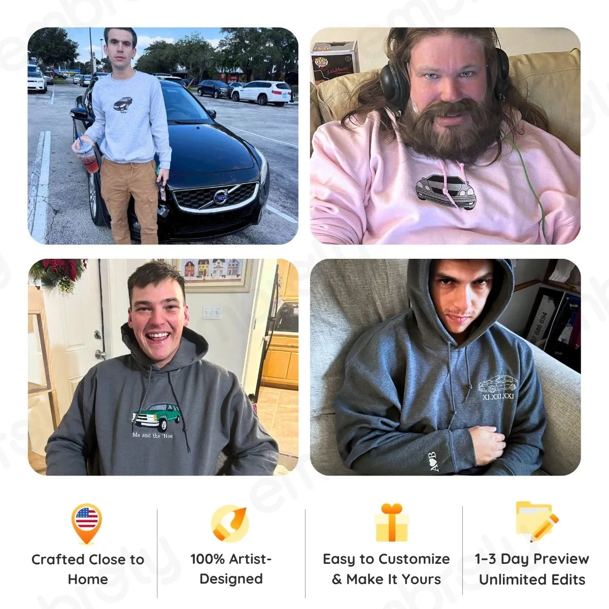 Custom Embroidered Car Hoodie, Sweatshirt, Personalized Car Gifts for Him