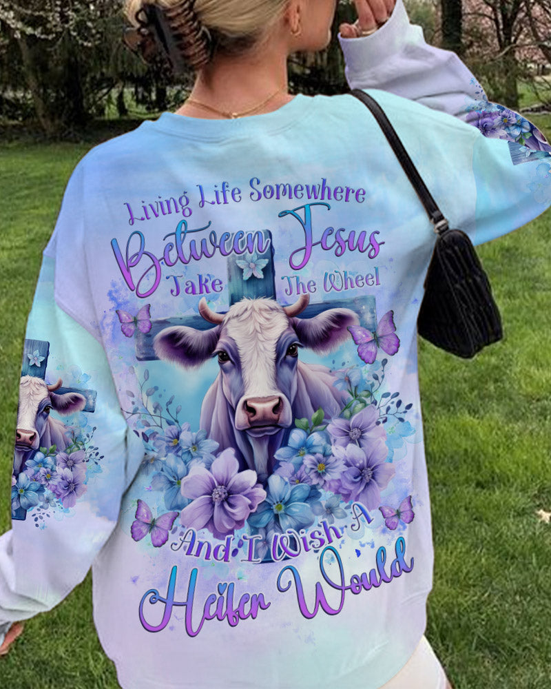 Living Life Somewhere Between Jesus Cow Women's All Over Print Shirt - Tlnz1010231