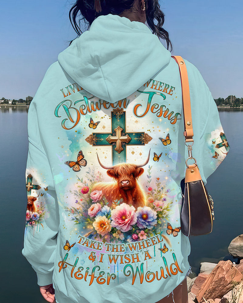 Living Life Somewhere Between Jesus Cow Women's All Over Print Shirt- Tlnz2411233