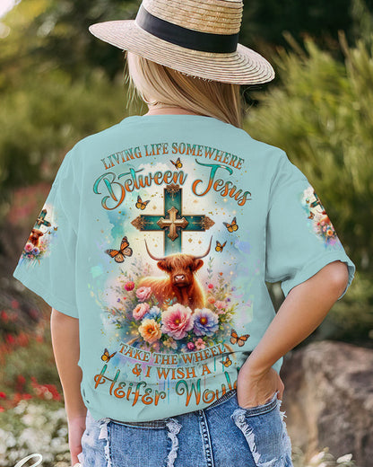 Living Life Somewhere Between Jesus Cow Women's All Over Print Shirt- Tlnz2411233