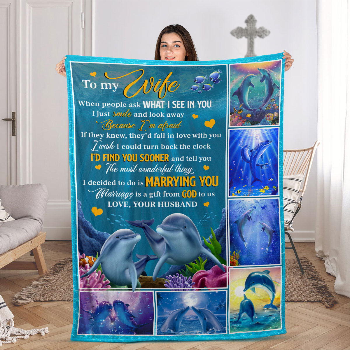 Marriage Is A Gift From God To Us - Cute Dolphin Couple Fleece Blanket AA198