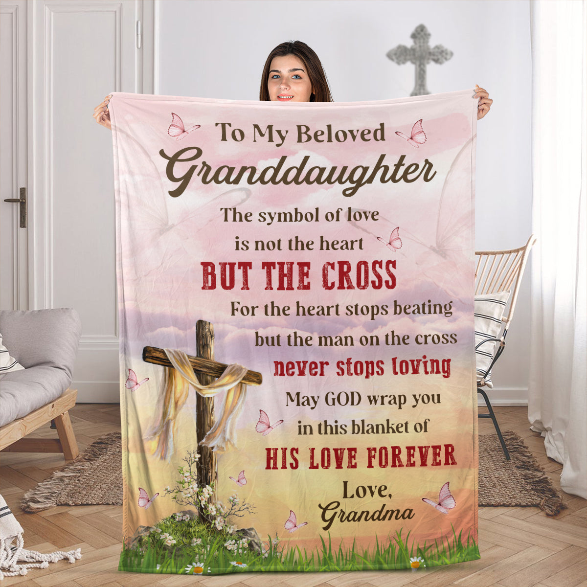 The Man On The Cross Never Stops Loving - Adorable Cross Fleece Blanket For Granddaughter HIHN173