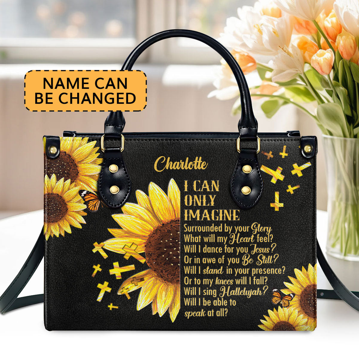 I Can Only Imagine | Sunflower And Cross | Personalized Leather Handbag With Handle HN153