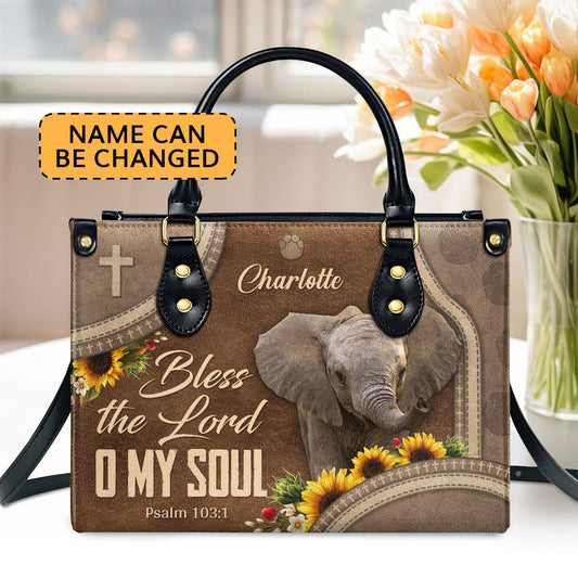 Lovely Personalized Elephant Leather Handbag - Bless The Lord O My Soul HN15