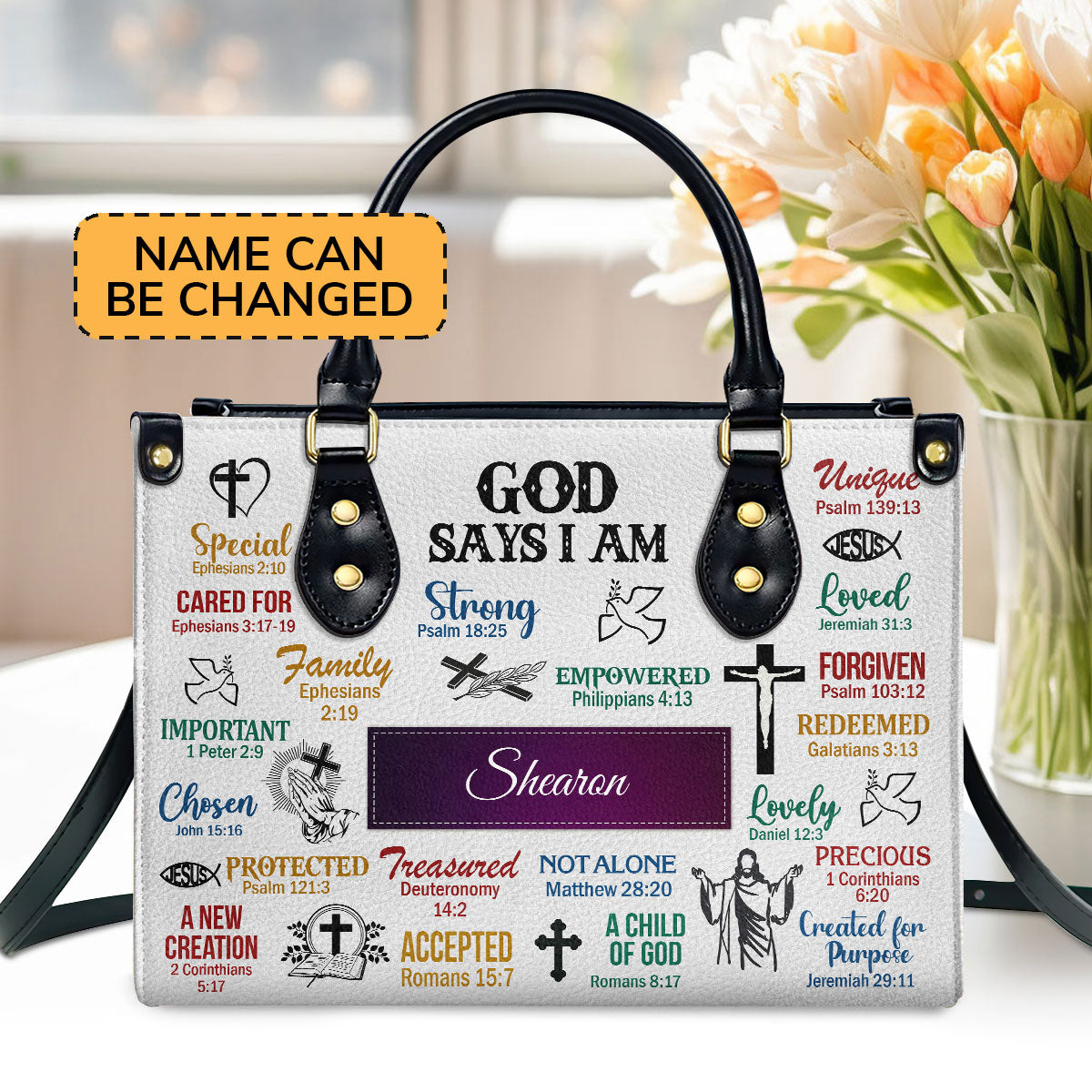 Personalized Leather Handbag With Handle | God Says I Am | Scripture Gifts For Christian Women LHBH742C