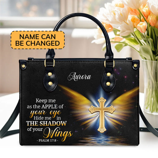 Personalized Leather Handbag With Handle | Christian Gifts For Women Of God | Hide Me In The Shadow Of Your Wings | Psalm 17:8 LHBH779