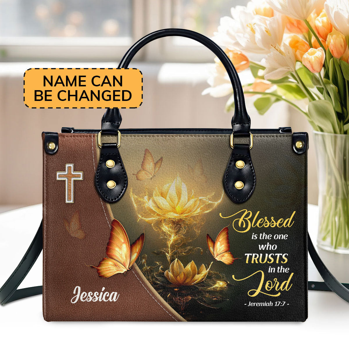 Blessed Is The One Who Trusts In The Lord | Jeremiah 17:7 | Spiritual Gift Bible Verse For Christian Women | Personalized Leather Handbag With Handle LHBH827