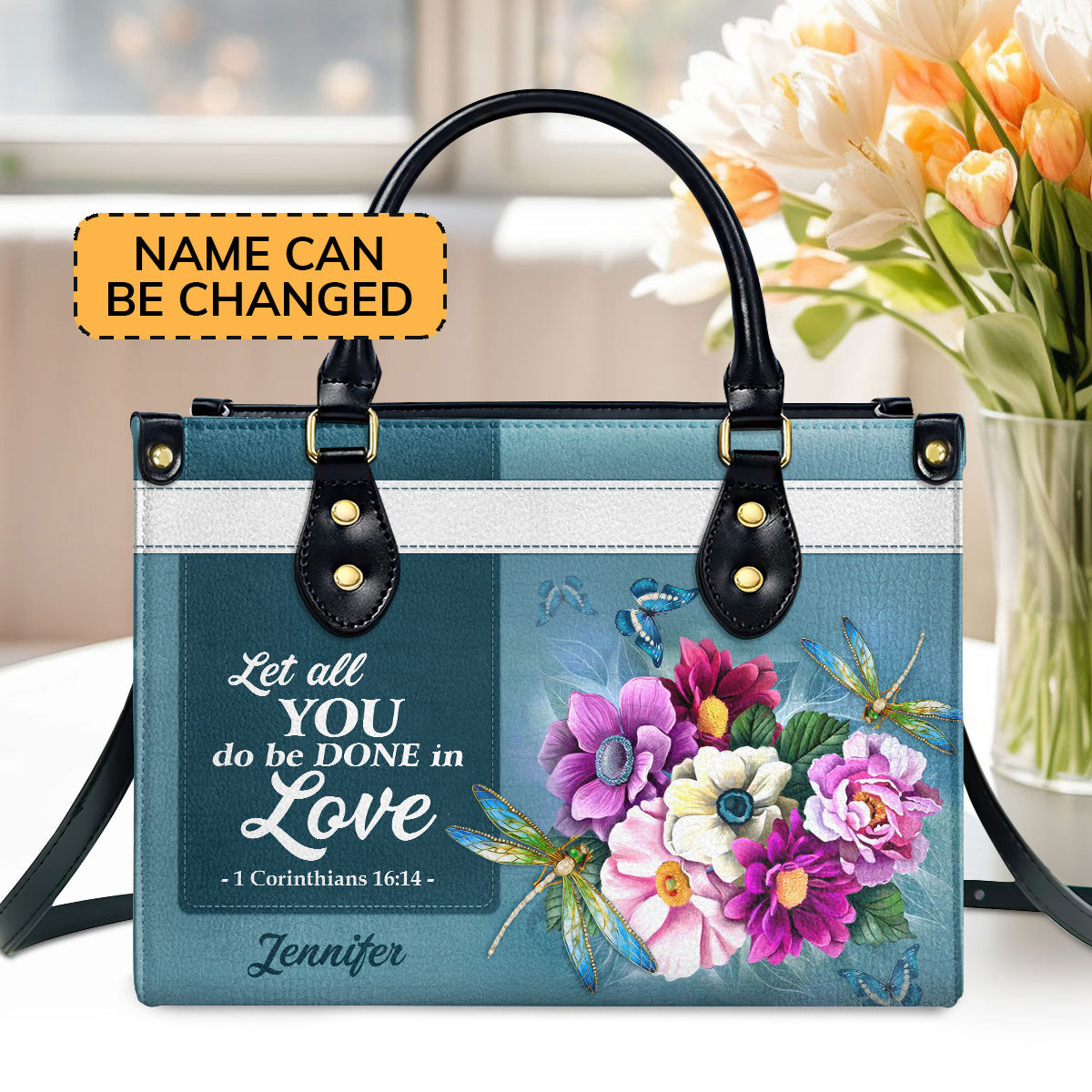 1 Corinthians 16:14 | Let All That You Do Be Done In Love | Christian Valentines Day Ideas For Women | Personalized Leather Handbag With Handle LHBH829