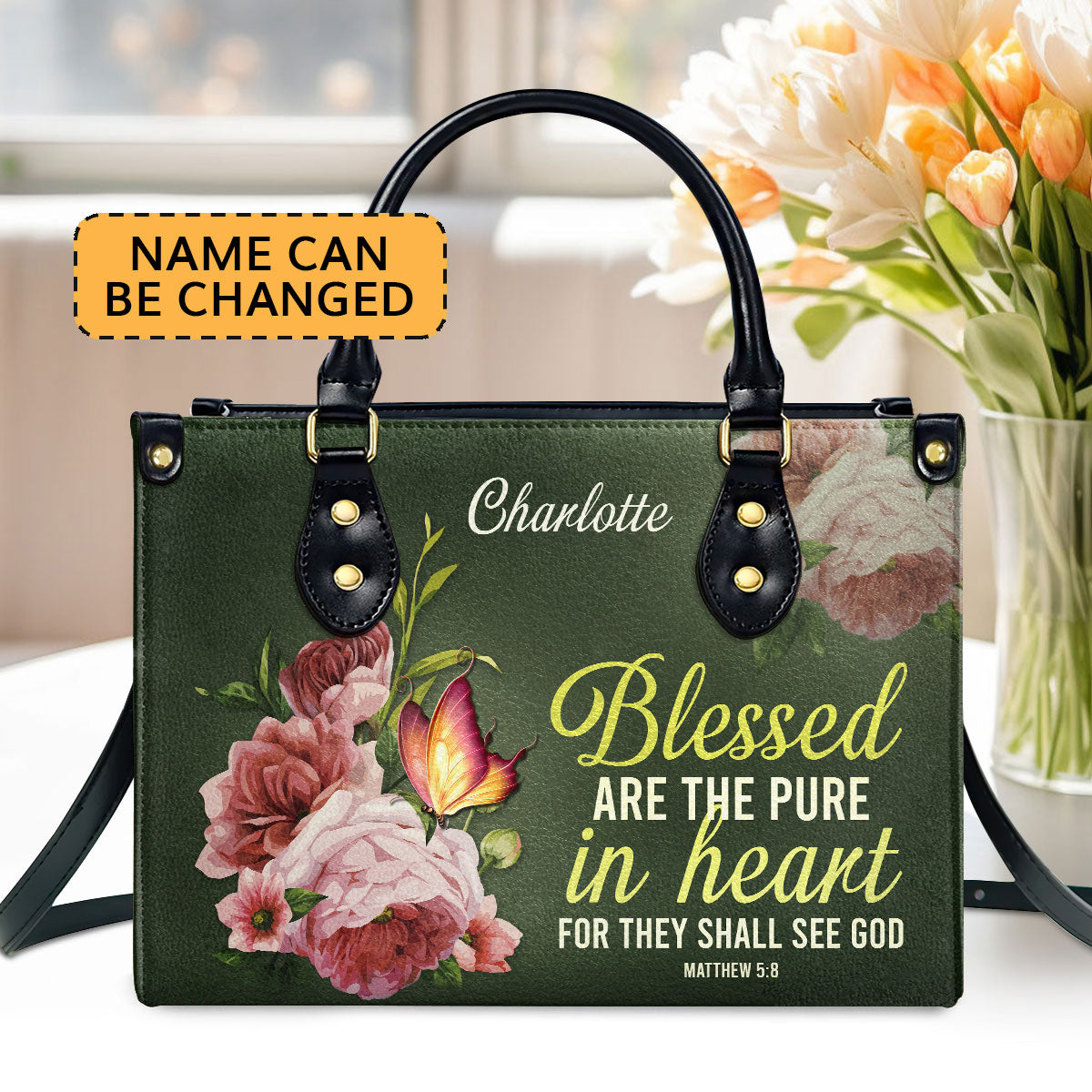 Christian Gifts For Women | Personalized Peony Leather Handbag With Handle | Blessed Are The Pure In Heart | Matthew 5:8 LHBHN676