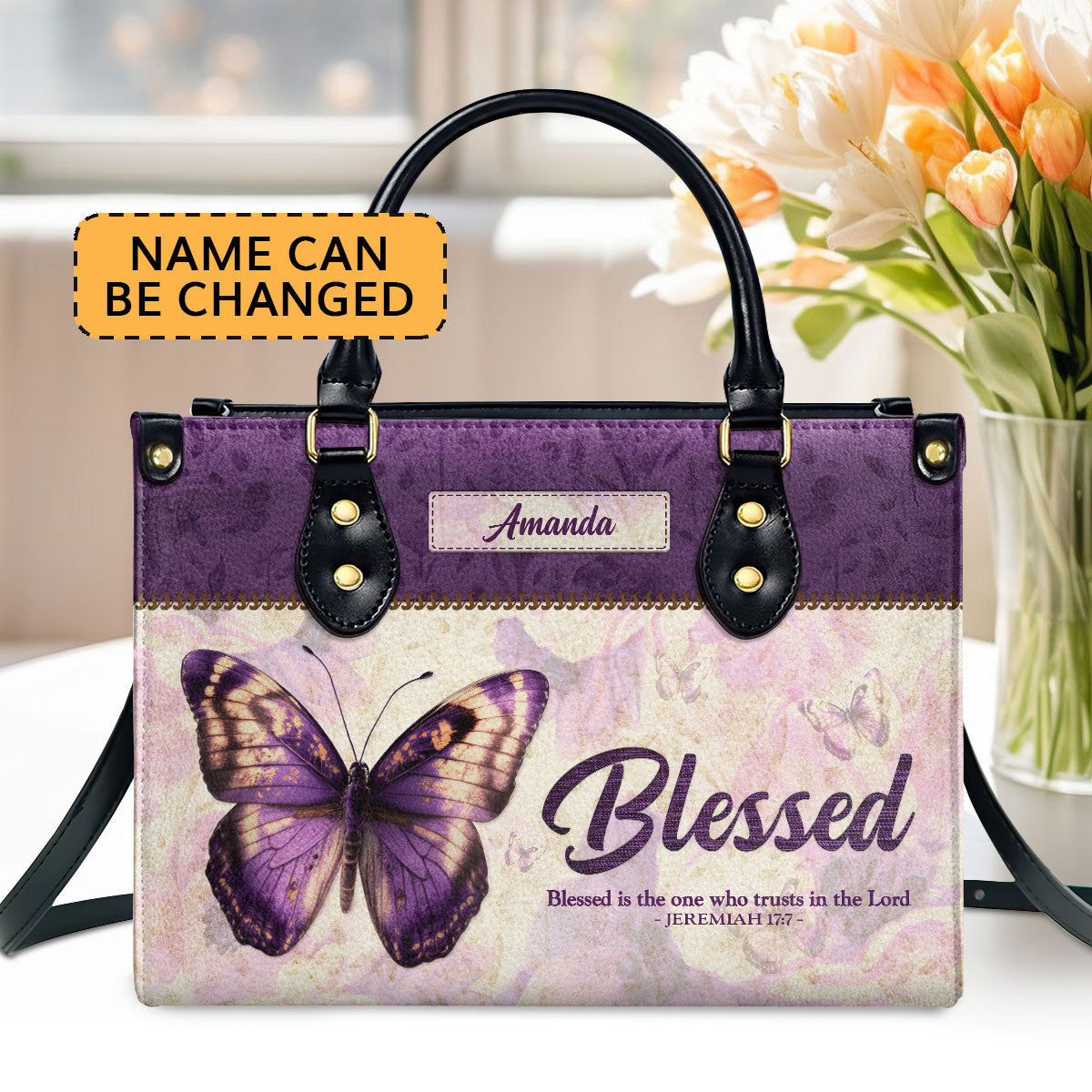 Blessed Is The One Who Trusts In The Lord | Jeremiah 17:7 | Personalized Zippered Leather Handbag | Meaningful Gift For Christian Ladies LHBHN801