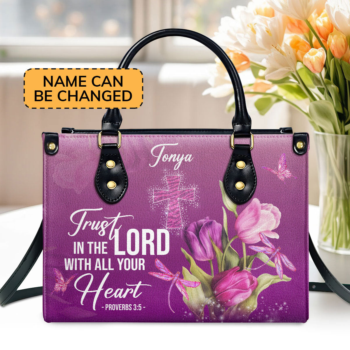 Personalized Purple Leather Handbag | Trust In The Lord With All Your Heart | Proverbs 3:5 | Tulip And Cross LHBM602