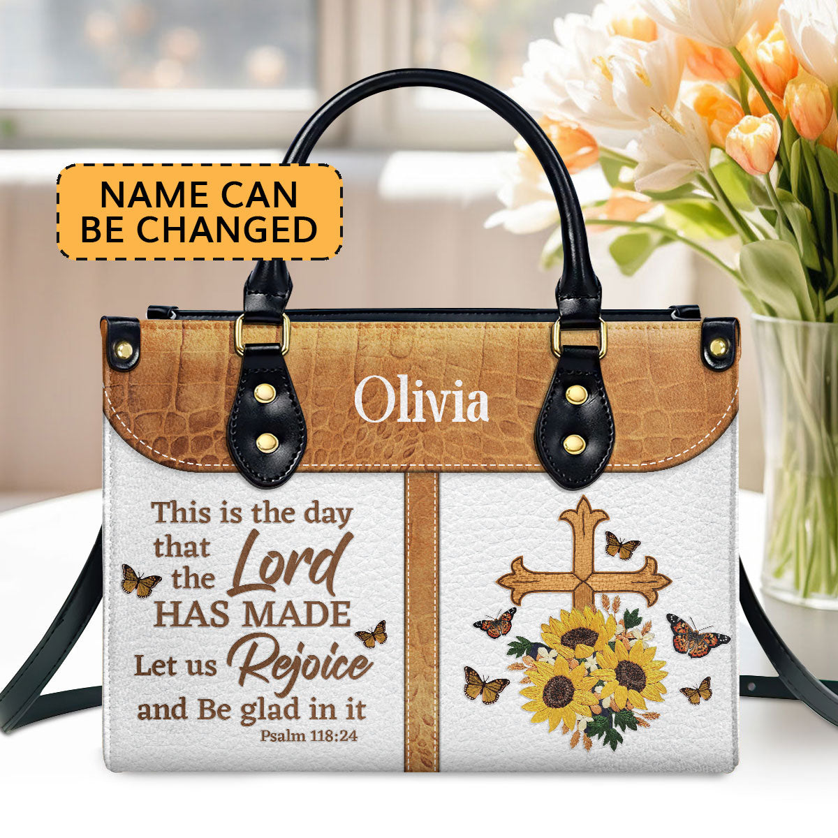 Pretty Personalized Cross Leather Handbag - This Is The Day That The Lord Has Made NUHN305