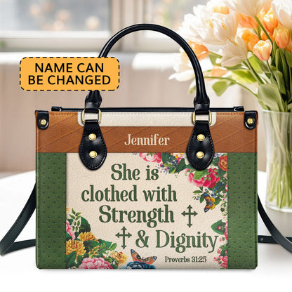 Stunning Personalized Flower Leather Handbag - She Is Clothed With Strength And Dignity NUHN307