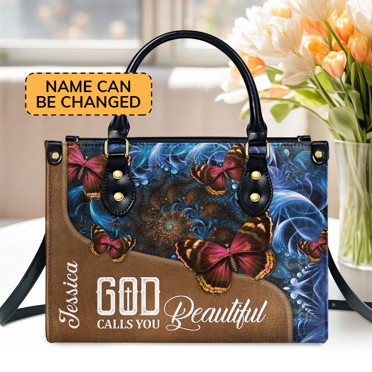 Pretty Personalized Butterfly Leather Handbag - God Calls You Beautiful NUH273