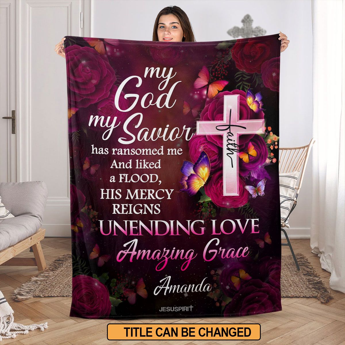 Meaningful Personalized Fleece Blanket | My God My Savior | Faith Cross And Rose FBH624