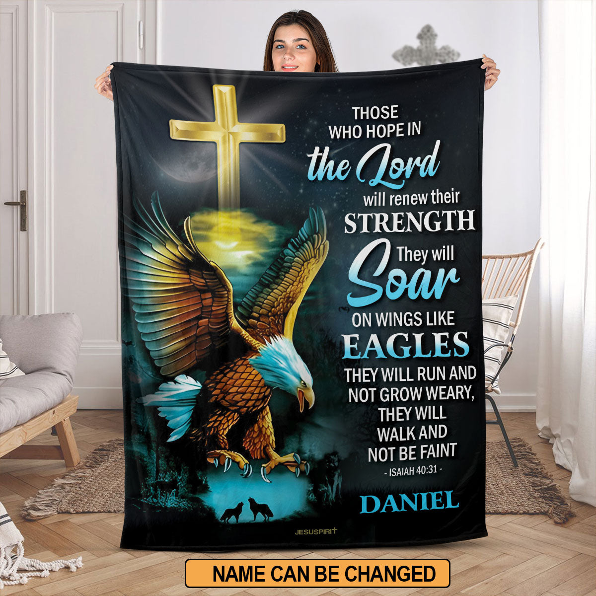 Isaiah 40:31 | Those Who Hope In The Lord Will Renew Their Strength | Eagle And Cross | Personalized Fleece Blanket FBH613