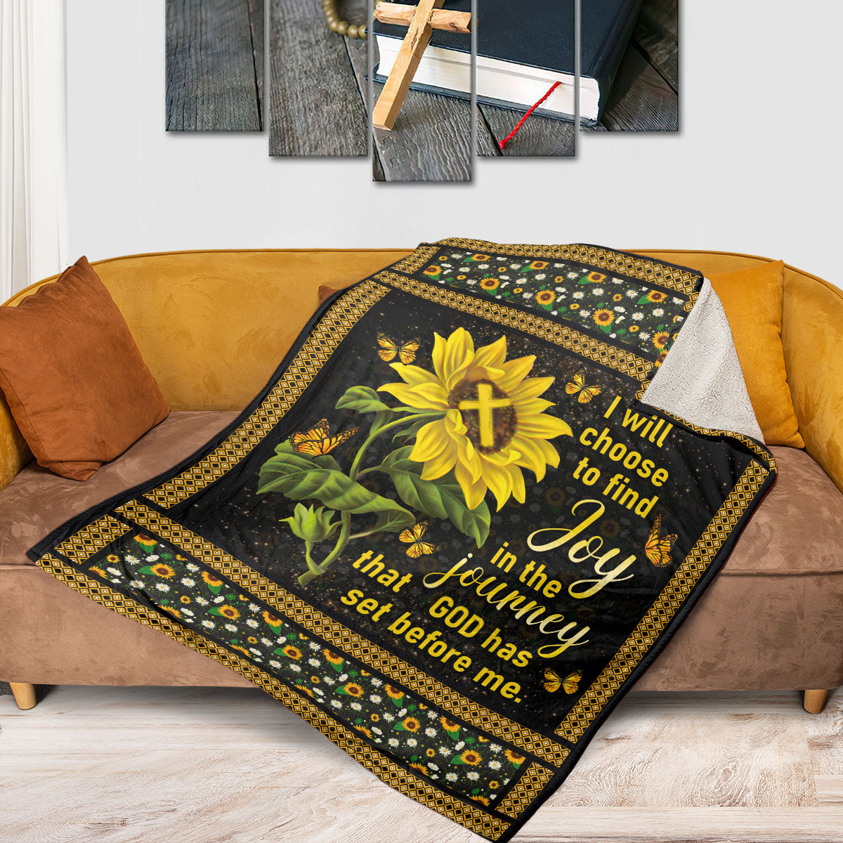 I Will Choose To Find Joy In The Journey | Sunflower And Cross | Stunning Fleece Blanket FBHN616